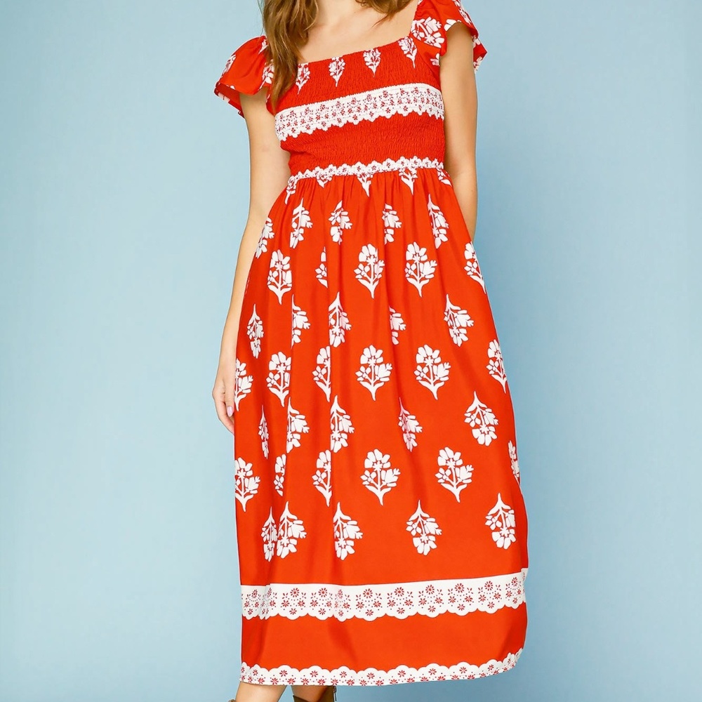 Umgee Red and White Floral Midi Dress